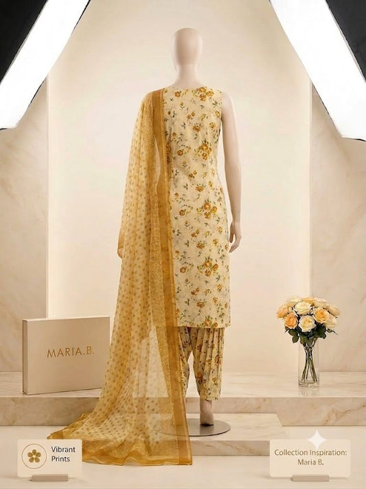 Elegant Floral Printed Lawn 3-Piece Suit with Chiffon Dupatta