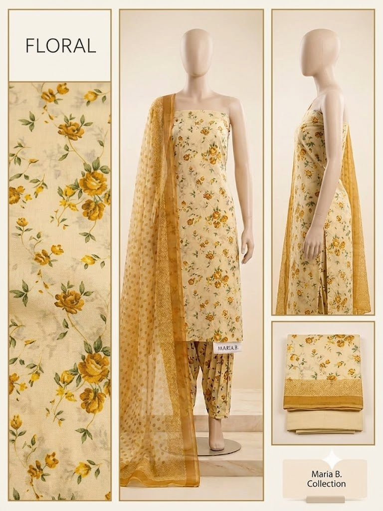 Elegant Floral Printed Lawn 3-Piece Suit with Chiffon Dupatta