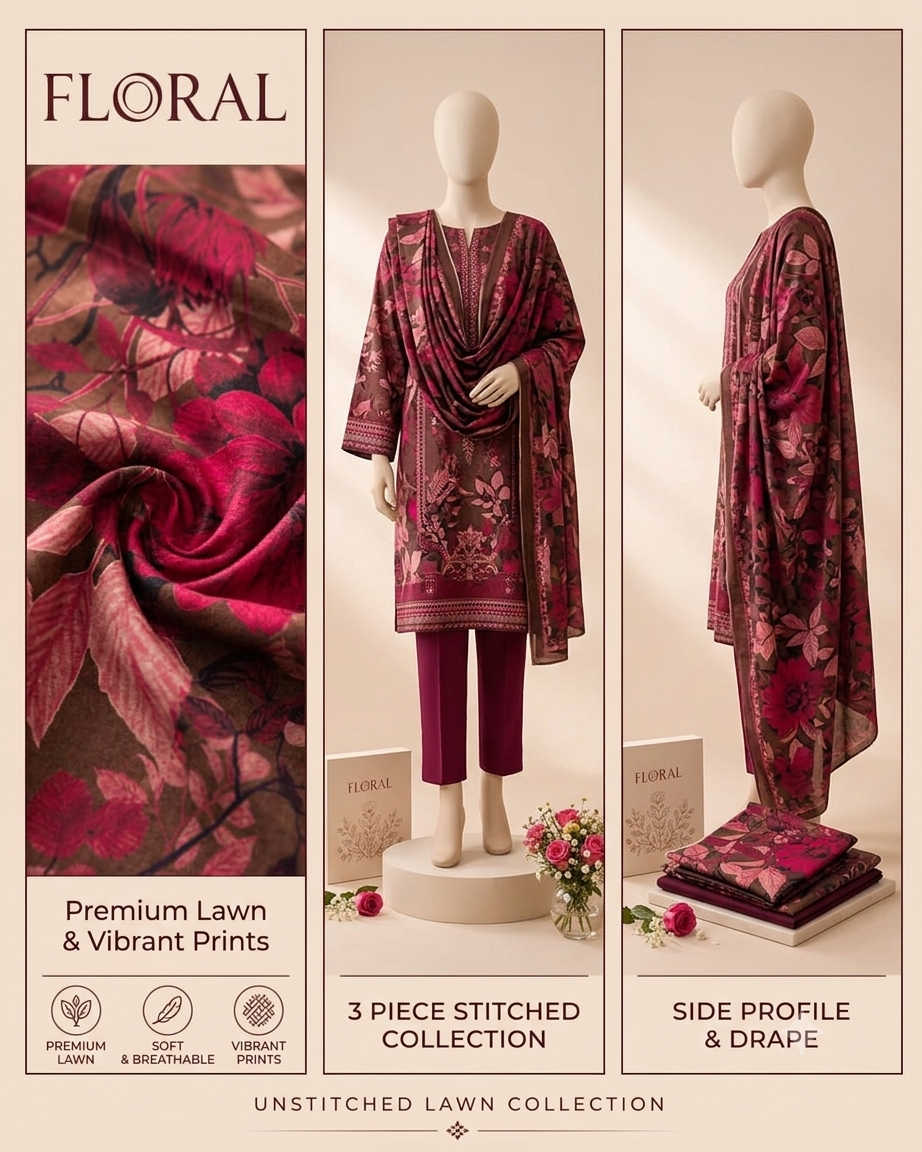 Magenta Bloom Earthy Maroon 3-Piece Premium Lawn Suit with Dupatta