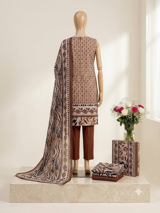 Premium 3-Piece Unstitched Floral Lawn Suit – Earthy Rust & Navy