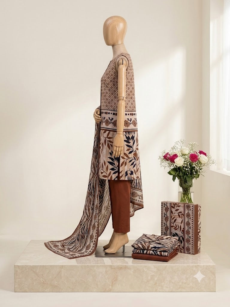 Premium 3-Piece Unstitched Floral Lawn Suit – Earthy Rust & Navy