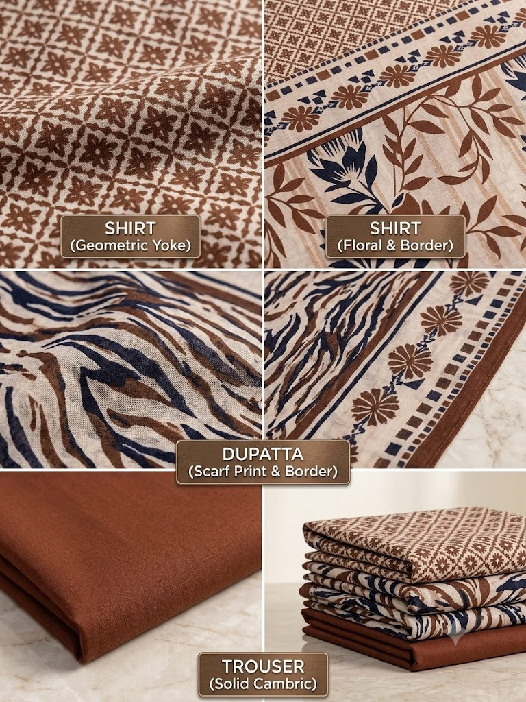 Premium 3-Piece Unstitched Floral Lawn Suit – Earthy Rust & Navy