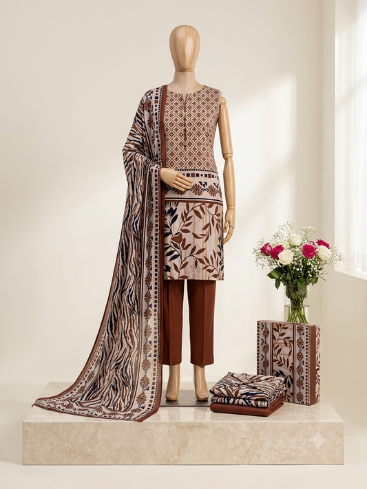 Premium 3-Piece Unstitched Floral Lawn Suit – Earthy Rust & Navy