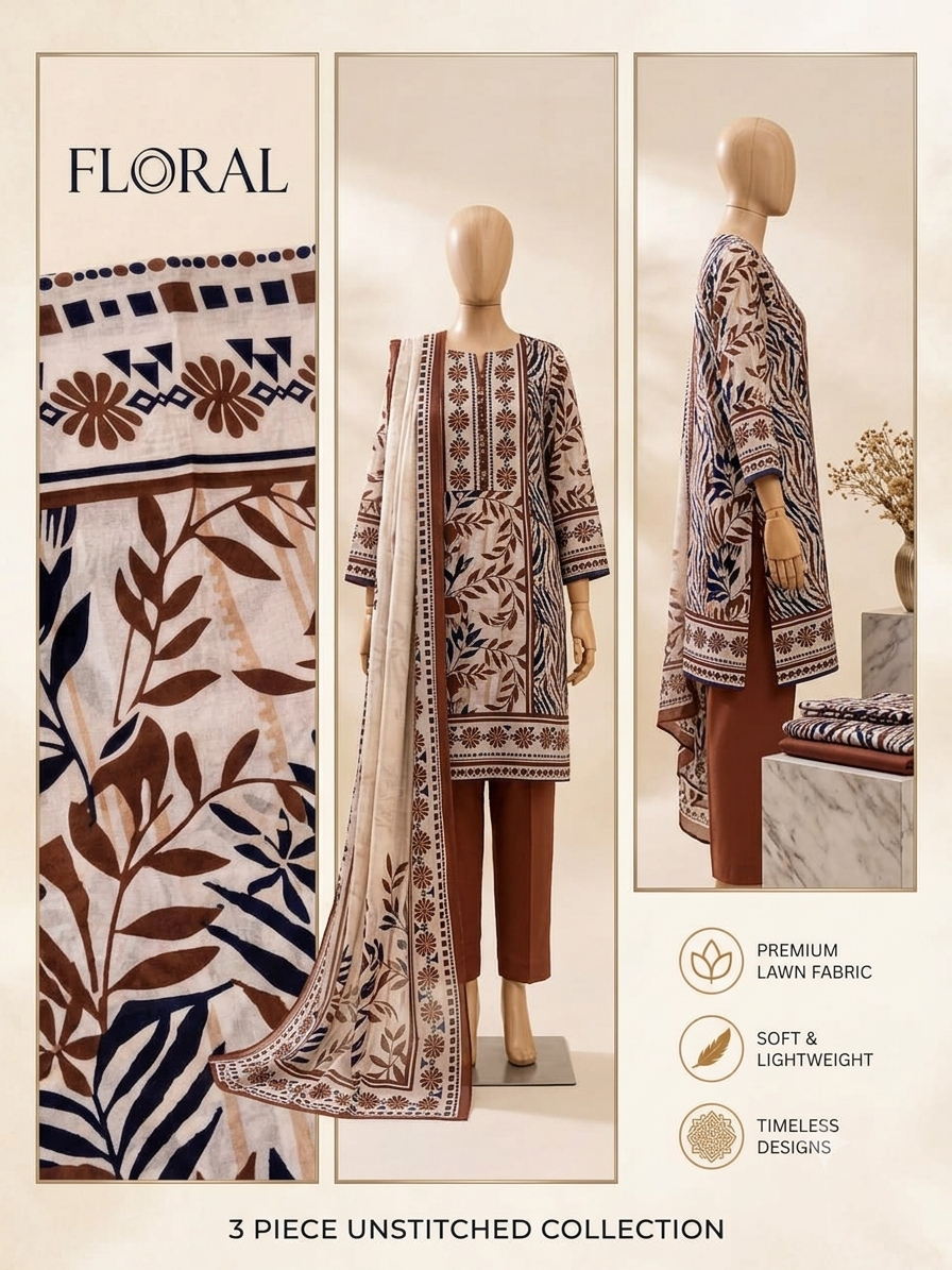 Premium 3-Piece Unstitched Floral Lawn Suit – Earthy Rust & Navy