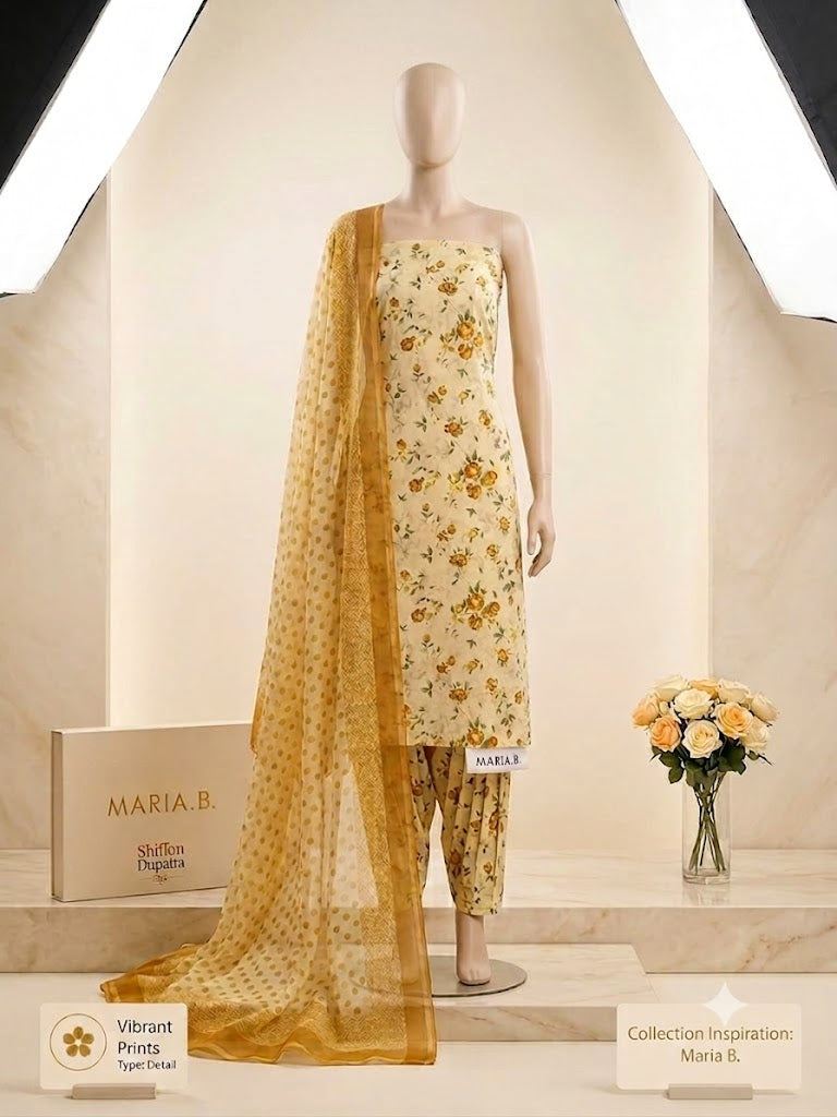 Elegant Floral Printed Lawn 3-Piece Suit with Chiffon Dupatta