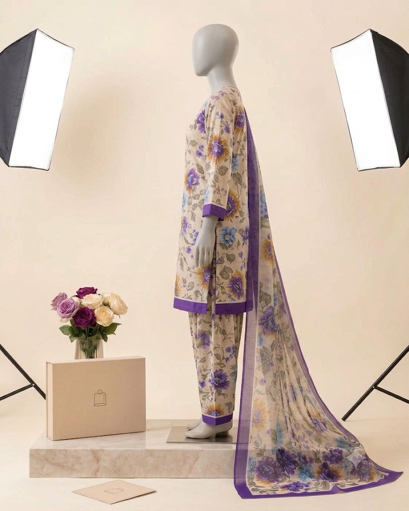 Azure Bloom – Premium Floral 3-Piece Printed Suit