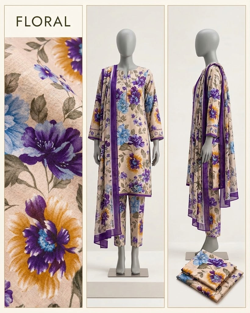 Azure Bloom – Premium Floral 3-Piece Printed Suit