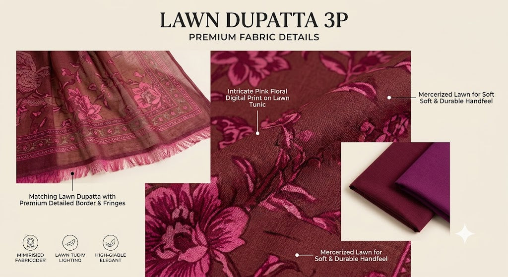 Magenta Bloom Earthy Maroon 3-Piece Premium Lawn Suit with Dupatta