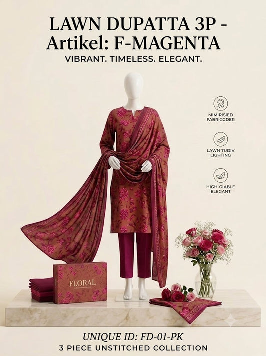 Magenta Bloom Earthy Maroon 3-Piece Premium Lawn Suit with Dupatta