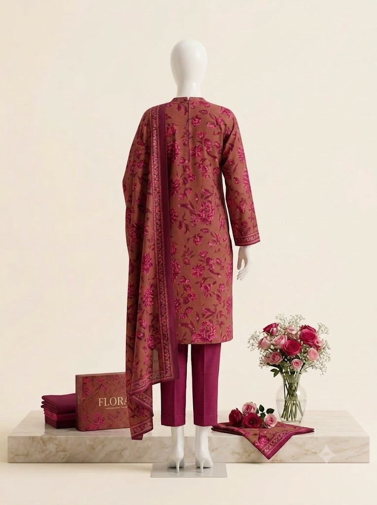 Magenta Bloom Earthy Maroon 3-Piece Premium Lawn Suit with Dupatta
