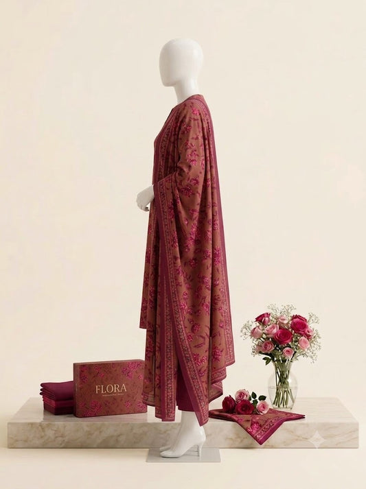 Magenta Bloom Earthy Maroon 3-Piece Premium Lawn Suit with Dupatta
